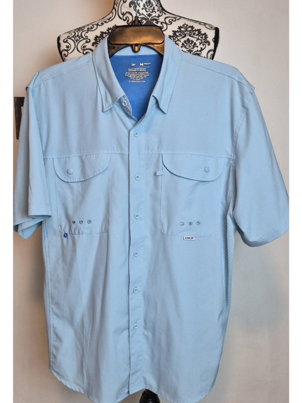 MAJA Sportswear Fishing Shirt Mens M Vented Short Sleeve Blue Snap Pockets